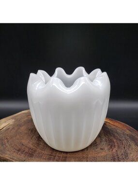 Vintage Milk Glass Rose Bowl Ruffled Edge White Vase 4.5"